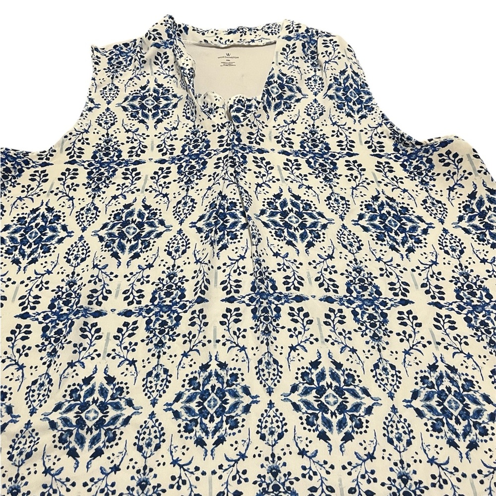 Worthington Women’s Blue And White Sleeveless Tunic Length Sheer Top